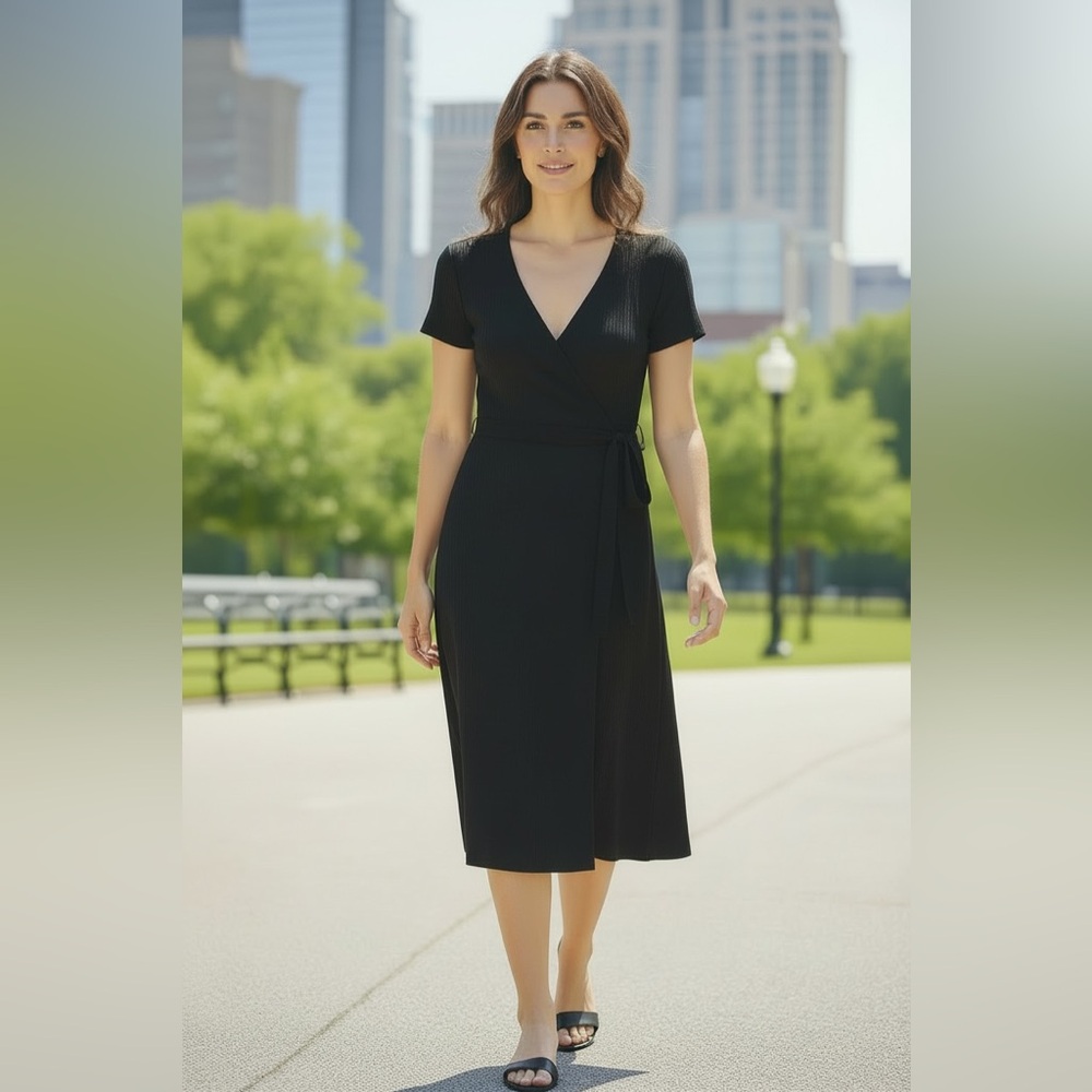 St John Knits‎ Black Textured Wrap Dress Short Sleeve V-Neck Belted SJK Vintage